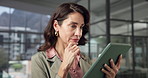 Tablet, problem solving or woman in office for business, risk evaluation or reading insurance report. Thinking, underwriting and mature person with tech, application review or coverage decision