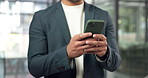 Phone, typing and hands of businessman in office with texting, email of finance networking. Technology, communication and financial manager with cellphone for feedback on investment proposal.