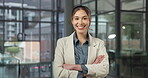 Pride, face or woman in office with arms crossed, brand advisor or about us as campaign planner. Happy, space or marketing consultant with smile, PR specialist or confidence in business advertisement