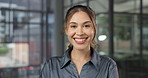 Employee, face and woman with smile in office, financial advisor or confident for career development. Happy, portrait and business person with pride, laughing and ambition for job opportunity in USA