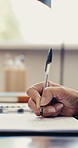 Person, hands and contract with signature for legal agreement, policy or application in office. Lawyer, senior or client filling form with pen, documents or paperwork for insurance or retirement plan