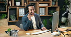 Computer, headset and man in office for telemarketing, lead generation or eco friendly sales offer. Tech, call center or happy person talk to contact for green service, CSR or zero waste subscription