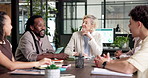 Boardroom, presentation and team with smile, talk and meeting with colleagues or performance review. Happy, business people and planning for financial report, discussion and data analysis on website