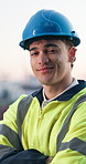 Face, man and arms crossed outdoor for construction, urban design specialist or industry expert. Architect, happy worker or confident for city expansion project, architecture career or about us pride