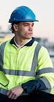 Construction, man or thinking on balcony for vision, urban development or view for expansion project. Architect, worker and reflection for city planning, infrastructure evaluation and building ideas