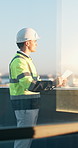 Blueprint, man or thinking on balcony for construction, architectural vision or urban development. Window, architect and schematic for city surveying, building expansion project and zoning compliance