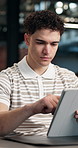 Creative agency, man and scroll in office with tablet, planning campaign or social media management. Thinking, person and research with tech, digital marketing trend and project for brand awareness
