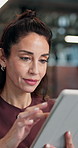 Office, happy and business woman on tablet for project management, digital marketing and website. Creative, agency and person on tech for planning, advert campaign and research for brand promotion