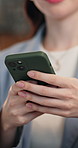 Hands, phone and business woman with finance in office for accounting or bookkeeping schedule. Typing, communication and research with tech and accountant for audit feedback or tax compliance
