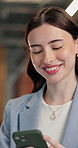 Finance, phone and business woman with smile  in office for accounting or bookkeeping schedule. Typing, communication and research with tech and accountant for audit feedback or tax compliance