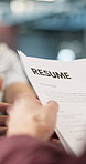 Interview, paperwork and hands of people with resume for job opportunity, hiring process and career. Digital marketing, recruitment and person with hr manager for discussion, vacancy and onboarding