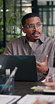 Meeting, talking and business man with laptop for creative project, brand campaign and planning. Office, manager and people with documents, research and strategy for marketing, agenda and advertising
