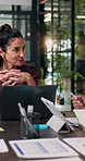 Meeting, documents and business people on laptop for talking, brand campaign and creative project. Team, manager and workers with paperwork, research and infographic for digital marketing in office