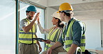 Construction, meeting and people on tablet, high five for motivation, renovation and building progress. Contractor, architecture and workers on tech for remodeling, success and infrastructure project