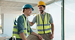 Engineer, team and men on construction site, laugh and discussion for property development and plan. Civil engineering, collaboration and happy people with ideas for project and funny conversation