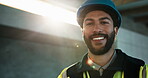 Construction, face and man on site with laugh, building technician and pride in renovation project. Flare, happy and electrician with humor, remodeling specialist or confidence in industrial industry