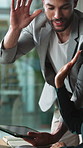 Online, high five and business people in office with feedback, good news and support for investment. Corporate, happy and man with woman celebrate for financial deal, proposal and success for budget