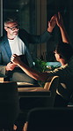 Architect, high five and men with tablet, talking or smile with architecture layout on web at night. Designer, collaboration and happy people with tech, working late and celebration for achievement