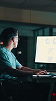 Night, computer and business man with graph for financial review, risk assessment and report. Office, deadline and person on tech with chart, insight and research for finance, investment and stocks