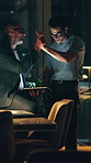 Architect, high five and men with tablet, success or smile with architecture layout on web at night. Designer, collaboration and happy people with tech, working late and celebration for achievement