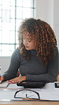 Architect, writing and woman with tablet in office, scroll or budget for project with estimated cost. Building, designer and person with notebook, notes and planning for design with tech and research