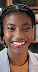 Face, consultant and black woman with headset in office for online advice or customer service. Portrait, female person or agent with smile or mic for virtual assistance, support or help in workplace