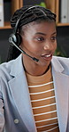 Happy, consultant and black woman with headset in office for online advice or customer service. Female person, agent or talking with smile or mic for virtual assistance, support or help in workplace