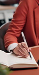 Business, checklist or hands in office with writing, campaign brief or task agenda on creative pitch. Schedule, woman or brand specialist with notebook, ad drafting or planning of marketing proposal.