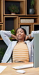 Stretching, break and black woman in office for productivity, free time or done tasks in workplace. Female person, employee or chilling with smile, pride or relax for finished project or agenda
