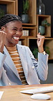 Happy, winning and black woman with computer in office for good news, promotion or salary bonus. Excited, female person or employee with smile or fist pump for business success, prize or achievement