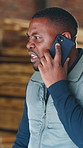 Carpenter, angry and man with phone call, stress and frustrated for mistake, production delay and fail. Woodworking, contractor and African person on cellphone for contact, supply issue and complaint