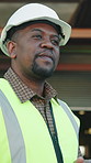 Tablet, black man and logistics in warehouse with idea, research and supply chain for shipping. Thinking, person or scroll in depot with tech, schedule dispatch and inventory stock for distribution