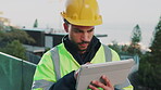 Construction, design and tablet with architect outdoor on building site for property development. Digital app, inspection and project management with serious engineer on worksite for quality control