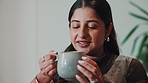 Thinking, relax or woman in house with coffee, aroma memory or chill moment on weekend break. Space, warm drink or person with nostalgic scent, peaceful perspective or mindfulness on day off.