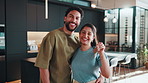 Keys, happy and face of couple in new home for moving, property ownership or mortgage approval. Smile, real estate and portrait of man with woman for pride in house purchase for investment together.