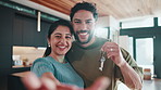Keys, selfie and face of couple in new home for moving, property ownership or mortgage approval. Happy, real estate and portrait of man with woman for pride in house purchase for investment together.