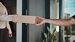 Hands, package and courier with delivery man, logistics and supply chain with friendly service. People, home and box with product, parcel distribution and shipping container with front door or giving