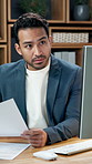 Businessman, documents and accounting with computer for company finance, audit or investment. Man, accountant or employee with paperwork, invoices or bills for financial budget or expenses in office
