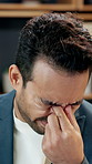 Businessman, headache and stress with eye strain in office for burnout, fatigue or project deadline. Tired, man or employe with migraine, glasses or pain for mental health or pressure in workplace