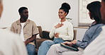 Support group, counseling and woman talking in therapy, addiction recovery or healing progress. Happy person, office circle and rehabilitation for mental health, share story and relapse prevention