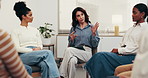 Support group, psychology and woman speaking in counseling for coping strategy or share experience. People, meeting and therapy circle for mental health, help and guidance with tablet in office