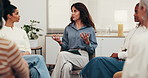 Support group, psychology and woman speaking at therapy for coping strategy or share experience. People, meeting and counseling circle for mental health, help and rehab guidance with tablet in office
