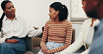 Counseling, group and women in center with support, understanding and empathy in clinic. Mental health, psychologist and patients with shoulder touch, encouragement and coping together in therapy.