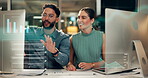 Computer, hologram and trading with business team in office at night for stock market research on digital graph. Account review, conversation and planning with happy people in workplace for investment or productivity