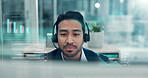 Computer, hologram and talking with man in call center for feedback, lead generation or productivity. Graph, technology and telemarketing with consulting agent at work for advice or statistics review