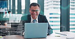 Business, hologram and trading on laptop with Asian man in office for stock market innovation or research. Computer, happy and productivity with mature person in agency for review of investment data