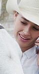 Laugh, phone call and woman on farm with horse for development, equestrian hobby or training. Animal care, communication and hat with happy cowgirl on ranch as handler, professional rider or trainer