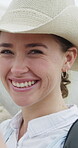 Face, funny and woman walking on farm with horse for development, equestrian hobby or training. Animal care, hat and laughing with happy cowgirl on ranch as handler, professional rider or trainer