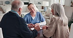 Consultation, home and nurse with senior couple for medical diagnosis or treatment planning. Clipboard, people and healthcare worker with elderly patients for results in checkup at apartment.