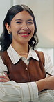 Face, business or happy woman with confidence in office for planning, schedule or bookkeeping. Portrait, female person or event planner with smile or arms crossed for campaign management in workplace